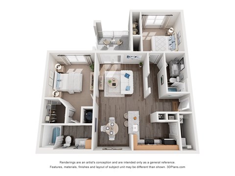 Floor plan for 2 beds, 2 baths, 1073 sqft